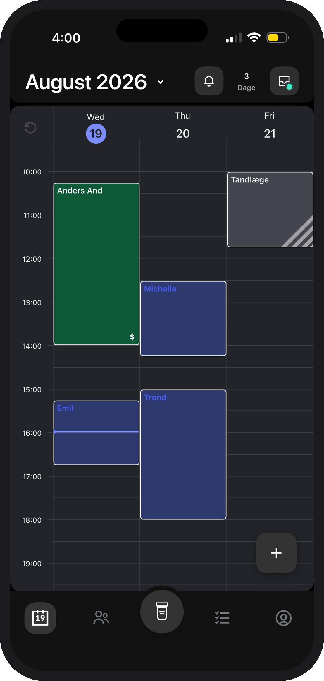 Linework bookingkalender i mørkt tema